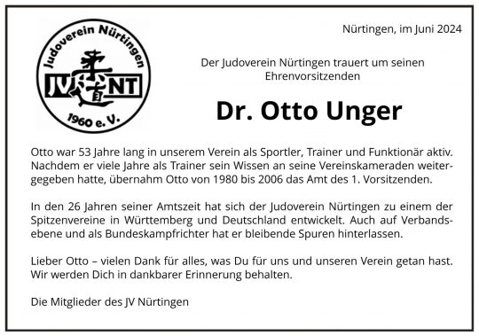 Trauerfeier für unseren Ehrenvorsitzenden Dr. Otto Unger