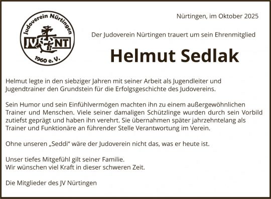 Der Judoverein Nürtingen trauert um Mitbegründer und Ehrenmitglied Helmut Sedlak
